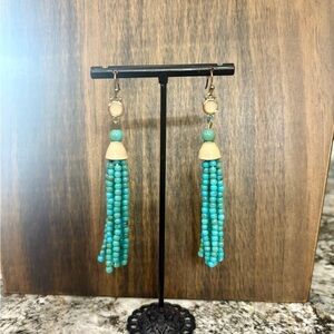 Turquoise and Cream Beaded Tassel Earrings. Fast Shipping.